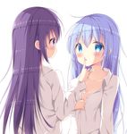  bangs blue_eyes blush breasts cleavage closed_mouth collared_shirt dress_shirt finger_to_another's_mouth gochuumon_wa_usagi_desu_ka? hair_down highres kafuu_chino light_blue_hair long_hair long_sleeves looking_at_another multiple_girls parted_lips partially_unbuttoned purple_eyes purple_hair satsuki_yukimi shirt sidelocks simple_background small_breasts smile tedeza_rize upper_body white_background white_shirt wing_collar yuri 