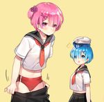  2girls :o alternate_hairstyle ayamy bangs black_skirt blouse blue_eyes blue_hair blunt_bangs blush buruma closed_mouth crop_top crop_top_overhang hair_ornament hair_over_one_eye looking_at_another looking_at_viewer multiple_girls navel neckerchief open_mouth pink_eyes pink_hair pleated_skirt ram_(re:zero) re:zero_kara_hajimeru_isekai_seikatsu red_buruma red_neckwear rem_(re:zero) sailor_collar school_uniform serafuku short_hair short_sleeves siblings side_ponytail simple_background sisters skirt skirt_pull smile sweatdrop twins undressing v-shaped_eyebrows white_blouse x_hair_ornament yellow_background 