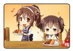  :d artist_name ashigara_(kantai_collection) brown_eyes brown_hair chibi commentary eating eighth_note fang hair_between_eyes hairband holding holding_spoon horned_headwear japanese_clothes kaga_(kantai_collection) kantai_collection long_hair long_sleeves multiple_girls musical_note open_mouth short_hair side_ponytail smile sparkle spoon taisa_(kari) tasuki white_hairband 