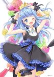  ;d bangs black_dress black_footwear black_ribbon blue_eyes blue_hair blunt_bangs blush bow collared_shirt colored_pencil commentary_request crown dress floral_background flower hair_ribbon hands_on_own_head hands_up hazuki_natsu head_tilt highres leg_garter long_hair looking_at_viewer one_eye_closed open_mouth original paintbrush pencil pixiv pixiv-tan plaid plaid_bow plaid_ribbon pumps ribbon rose shirt shoes sleeveless sleeveless_dress smile solo standing standing_on_one_leg stylus tareme twitter_username two_side_up undershirt very_long_hair white_background white_shirt wrist_cuffs 