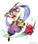  armlet arms_up bell bracer copyright dancer_(sekaiju) eighth_note full_body hair_bell hair_ornament harem_outfit harem_pants holding holding_sword holding_weapon long_hair looking_at_viewer musical_note octopus official_art open_mouth pants purple_eyes red_hair sekaiju_no_meikyuu sekaiju_no_meikyuu_4 simple_background solo sword weapon white_background 