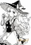  apron bad_id bad_pixiv_id bangs bow braid broom chain cowboy_shot eyebrows_visible_through_hair greyscale hair_bow hand_up hat hat_bow holding holding_broom kirisame_marisa long_hair looking_at_viewer mini-hakkero monochrome puffy_short_sleeves puffy_sleeves qqqrinkappp sample short_sleeves side_braid simple_background single_braid skirt skirt_set solo touhou traditional_media very_long_hair waist_apron white_background witch_hat 