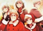  5boys axis_powers_hetalia bird blonde_hair blue_eyes blush christmas coat denmark_(hetalia) finland_(hetalia) fluffy glasses gloves iceland_(hetalia) male_focus multiple_boys norway_(hetalia) purple_eyes santa_costume santa_hat smile sweden_(hetalia) 