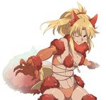  alternate_color animal_ears bare_shoulders blonde_hair braid breasts cis05 commentary_request cosplay dangerous_beast elbow_gloves eyebrows_visible_through_hair fate/apocrypha fate/grand_order fate_(series) french_braid fur_trim gloves green_eyes hair_ornament hair_scrunchie halloween_costume long_hair looking_at_viewer mash_kyrielight mash_kyrielight_(cosplay) mordred_(fate) mordred_(fate)_(all) navel one_eye_closed panties red_panties red_scrunchie scrunchie simple_background small_breasts solo standing tail thighhighs underwear white_background wolf_ears wolf_tail 