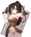  armpits ass_visible_through_thighs bangs bare_arms bare_shoulders belt blush breasts brown_eyes brown_hair closed_mouth corset cowboy_shot dual_wielding eyebrows_visible_through_hair grey_panties gun hair_between_eyes hand_up handgun highres holding holding_gun holding_weapon index_finger_raised large_breasts long_hair looking_away looking_to_the_side mouth_hold panties pistol ponytail skindentation solo standing tilt-shift trigger_discipline twitter_username underwear very_long_hair weapon 