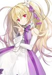  artist_name bangs blonde_hair closed_mouth commentary detached_sleeves dress eyebrows_visible_through_hair frills halterneck hand_up long_hair looking_at_viewer original pink_eyes purple_dress signature simple_background smile solo sukja tsurime twintails v white_background 