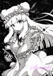  bad_id bad_pixiv_id bangs book bow bowtie capelet cowboy_shot crescent crescent_moon_pin dress eyebrows_visible_through_hair greyscale hair_bow hat holding holding_book long_hair long_sleeves looking_at_viewer mob_cap monochrome patchouli_knowledge qqqrinkappp sample sidelocks solo touhou traditional_media wide_sleeves 