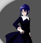  black_keys blue_eyes blue_hair cassock ciel commentary_request cowboy_shot hand_on_hip koge9 short_hair solo tsukihime 