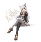  athenawyrm bangs black_jacket black_legwear blunt_bangs blush breasts character_name commentary crossed_legs erune full_body granblue_fantasy highres jacket korwa long_hair looking_at_viewer medium_breasts mismatched_legwear open_clothes open_jacket panties pantyshot pantyshot_(sitting) quill silver_eyes silver_hair simple_background sitting smile solo thighhighs underwear white_legwear white_panties 