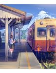  arm_up bag blue_sky brown_hair cloud commentary_request daito day food ground_vehicle highres holding holding_food kneehighs loafers long_hair original outdoors pleated_skirt ponytail popsicle railroad_tracks real_world_location school_bag school_uniform shadow shirt shoes short_sleeves skirt sky solo_focus standing sunlight train train_station waving white_shirt 