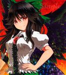  &gt;:) bangs black_hair bow breasts control_rod eyebrows_visible_through_hair feathered_wings green_bow hair_between_eyes hair_bow hand_on_hip long_hair looking_at_viewer medium_breasts qqqrinkappp red_eyes reiuji_utsuho sample short_sleeves sidelocks smile solo third_eye touhou traditional_media upper_body v-shaped_eyebrows watermark wings 