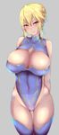  arms_behind_back artoria_pendragon_(all) artoria_pendragon_(lancer) ass_visible_through_thighs bare_arms bare_shoulders blonde_hair blue_legwear blue_leotard blush breasts bursting_breasts cleavage cleavage_cutout covered_navel cowboy_shot curvy earrings eyebrows_visible_through_hair fate/grand_order fate_(series) green_eyes grey_background head_tilt highleg highleg_leotard hips huge_breasts jewelry legs_together leotard long_hair looking_at_viewer nikuku_(kazedesune) nose_blush parted_lips sidelocks simple_background smile solo standing thigh_gap thighhighs thighs tsurime 