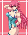 blue_leotard boots breasts cleavage commentary_request large_breasts leotard long_hair mighty_yukiko pink_hair purple_eyes smile solo taroimo_(00120014) wrestle_angels wrestle_angels_survivor wrestling_outfit wristband 
