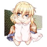  &gt;:( arm_warmers bangs blonde_hair chin_rest closed_mouth eyebrows_visible_through_hair frown green_eyes looking_away mizuhashi_parsee ootsuki_wataru pointy_ears short_sleeves solo touhou upper_body v-shaped_eyebrows 