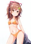  :o arm_behind_back bangs bikini blush breasts brown_eyes brown_hair clothes_removed contrapposto cowboy_shot eyebrows_visible_through_hair flat_chest hair_ornament hair_ribbon hairclip high_school_fleet irizaki_mei long_hair looking_at_viewer navel open_mouth orange_bikini pirason polka_dot polka_dot_background ponytail red_ribbon ribbon ribs simple_background small_breasts solo standing swimsuit white_background 