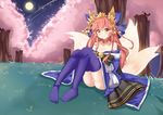  animal_ears ass bangs bare_shoulders bell blue_bow blue_kimono blush bow breasts brown_eyes cherry_blossoms chihong_de_tianshi choker cleavage closed_mouth eyebrows_visible_through_hair fang fang_out fate/grand_order fate_(series) fox_ears fox_girl fox_tail full_moon hair_between_eyes hair_bow hair_ornament head_tilt japanese_clothes kimono kitsune large_breasts long_hair long_sleeves looking_at_viewer moon multiple_tails no_shoes off_shoulder panties pantyshot pantyshot_(sitting) pink_hair purple_legwear sitting sleeves_past_fingers sleeves_past_wrists smile solo tail tamamo_(fate)_(all) tamamo_no_mae_(fate) thighhighs underwear very_long_hair white_panties wide_sleeves 