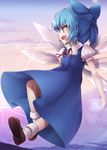  :d bad_id bad_pixiv_id bangs bare_arms blue_dress blue_eyes blue_hair blue_ribbon brown_footwear cirno cloud cloudy_sky collared_shirt commentary_request dress eyebrows_visible_through_hair fairy_wings fang flying full_body gradient_sky hair_ribbon highres mary_janes mountain neck_ribbon open_mouth puffy_short_sleeves puffy_sleeves ribbon shirt shoes short_hair short_sleeves sky smile socks solo sunlight tanyatonya touhou v-shaped_eyebrows white_legwear white_shirt wings 