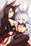  akagi_(azur_lane) animal_ears anza_tomo azur_lane black_gloves black_hair black_legwear blue_eyes breasts cleavage cleavage_cutout closed_mouth eyelashes finger_to_mouth fox_ears fox_tail gloves highres kaga_(azur_lane) large_breasts leaning_forward lips looking_at_viewer multiple_girls multiple_tails off_shoulder parted_lips red_eyes short_hair sidelocks sitting skirt smile tail thighhighs white_hair wristband 