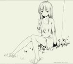  blush closed_mouth collarbone eyebrows_visible_through_hair flower food ice_cream long_sleeves looking_away monochrome original outdoors simple_background sitting sleeves_past_wrists solo thighhighs tokinohimitsu tree twitter_username white_legwear zettai_ryouiki 