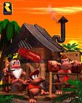  3d ad cranky_kong diddy_kong donkey_kong donkey_kong_(series) nintendo plugging_ears promotional_art rareware sunset 