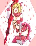  :d aestus_estus alternate_color animal_ears blush breasts cleavage cosplay dangerous_beast e_mishi elbow_gloves fang fate/extra fate/grand_order fate_(series) gloves green_eyes high_heels mash_kyrielight mash_kyrielight_(cosplay) medium_breasts navel nero_claudius_(fate) nero_claudius_(fate)_(all) open_mouth petals purple_gloves purple_legwear revealing_clothes smile solo tail thighhighs wolf_ears wolf_tail 