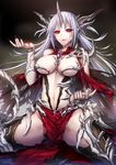  black_legwear black_sclera blood blood_on_face breasts commentary dragon_girl dragon_horns dragon_wings highres horns large_breasts long_hair looking_at_viewer luzi monster_girl navel original parted_lips pelvic_curtain red_eyes revealing_clothes silver_hair sitting smile solo spread_legs stomach thighhighs wings 