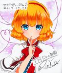 alice_margatroid artist_name bad_id bad_pixiv_id bangs blonde_hair blue_eyes blush capelet dated eyebrows_visible_through_hair finger_to_mouth hairband hand_up heart heart_of_string looking_at_viewer qqqrinkappp short_hair signature solo touhou traditional_media upper_body white_capelet 
