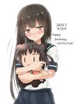  antenna_hair bangs black_skirt blunt_bangs blush brown_eyes brown_hair character_doll closed_mouth eyebrows_visible_through_hair half-closed_eyes happy_birthday hatsuyuki_(kantai_collection) head_tilt hirokyon0606 holding kantai_collection long_hair naka_(kantai_collection) school_uniform serafuku shirt short_sleeves simple_background skirt smile solo upper_body very_long_hair white_background white_shirt 