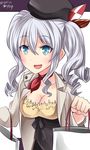  alternate_costume bag blue_eyes blush breasts commentary_request eyebrows_visible_through_hair hair_ornament hair_ribbon hat hebitsukai-san highres holding holding_bag kantai_collection kashima_(kantai_collection) long_hair medium_breasts neckerchief open_mouth ribbon smile solo wavy_hair 