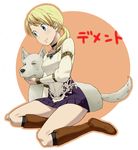  1girl blonde_hair blouse blue_eyes boots brooch choker demento dog fiona_belli green_eyes hewie jewelry miniskirt petting ponytail sitting skirt smile 