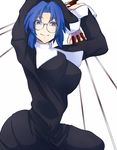  arms_up black_keys blue_eyes blue_hair breasts ciel glasses kuroi_no large_breasts melty_blood smile solo tsukihime white_background 