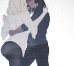  arm_around_back ass black_hair black_legwear black_pants black_shirt blonde_hair breasts brown_eyes casual couple cowboy_shot dark_skin eye_contact eye_of_horus facial_mark facial_tattoo hair_tubes highres holding_hands hug long_sleeves looking_at_another medium_breasts medium_hair mercy_(overwatch) multiple_girls overwatch panties panties_under_pantyhose pants pantyhose parted_lips pharah_(overwatch) shirt side_braids simple_background smile tattoo thighband_pantyhose tokudo_02 underwear white_background white_shirt yuri 