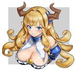  angry blonde_hair blue_eyes blush breasts cleavage clenched_teeth curly_hair draph granblue_fantasy horns large_breasts long_hair looking_at_viewer mikurou_(nayuta) pointy_ears rastina solo tears teeth upper_body very_long_hair 