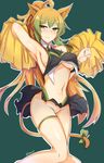 ahoge animal_ears armpits atalanta_(fate) bangs black_skirt blonde_hair blush breasts cat_ears cat_tail cheerleader closed_mouth collar eyebrows_visible_through_hair fate/apocrypha fate/grand_order fate_(series) green_eyes green_hair hair_between_eyes highres holding large_breasts long_hair looking_at_viewer multicolored_hair myumi navel no_panties pom_poms pussy ribbon signature simple_background skirt solo tail tail_ribbon thighs underboob very_long_hair 