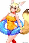  alternate_costume animal_ears blonde_hair blue_innertube bow breasts brown_eyes cleavage commentary_request dated extra_ears eyebrows_visible_through_hair fennec_(kemono_friends) fox_ears fox_tail groin happa_(cloverppd) holding holding_innertube innertube kemono_friends light_smile looking_at_viewer medium_breasts one-piece_swimsuit ribbon see-through short_hair signature simple_background solo spaghetti_strap swimsuit tail white_background wrist_ribbon yellow_bow yellow_swimsuit 