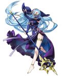 aqua_(fire_emblem_if) asymmetrical_legwear axe bangs bare_shoulders barefoot breasts dress fingerless_gloves fire_emblem fire_emblem_heroes fire_emblem_if full_body gloves highres holding holding_weapon kaya8 leg_up long_hair looking_away medium_breasts official_art open_mouth polearm poleaxe see-through skirt solo thigh_strap transparent_background veil very_long_hair weapon yellow_eyes 