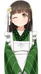  ;) alternate_eye_color ama_usa_an_uniform apron bangs blunt_bangs brown_eyes brown_hair closed_mouth commentary_request eyebrows_visible_through_hair flat_chest flower gochuumon_wa_usagi_desu_ka? green_kimono hair_flower hair_ornament japanese_clothes kimono long_hair long_sleeves looking_at_viewer maid_apron one_eye_closed polka_dot_trim ribbon smile solo striped striped_kimono udan ujimatsu_chiya upper_body wa_maid white_apron white_flower white_ribbon wide_sleeves 