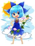  barefoot blue_dress blue_eyes blue_hair bow chibi cirno cloud dress flower hair_bow hidden_star_in_four_seasons ice ice_wings looking_at_viewer nikorashi-ka open_mouth plant puffy_sleeves ribbon short_hair short_sleeves simple_background smile summer sun sunflower tan tanned_cirno touhou vines wings 