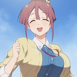  :d ^_^ animated animated_gif blue_sky blush bouncing_breasts breasts brown_hair closed_eyes commentary_request day hair_between_eyes hair_bun hair_ornament large_breasts long_sleeves mushiro_(nijie728995) open_mouth outdoors running sakura_quest shinomiya_shiori sky smile solo upper_body 