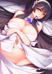  arm_at_side bare_shoulders bed bed_sheet black_hair black_legwear blush breast_hold breasts cleavage commentary_request cowboy_shot detached_collar dutch_angle girls_frontline groin hand_on_own_chest head_tilt hime_cut kira_(artist) large_breasts looking_at_viewer navel no_panties qbz-95_(girls_frontline) solo yellow_eyes 