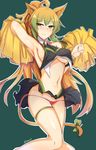  ahoge animal_ears armpits atalanta_(fate) bangs black_skirt blonde_hair blush breasts cat_ears cat_tail cheerleader closed_mouth collar eyebrows_visible_through_hair fate/apocrypha fate/grand_order fate_(series) green_eyes green_hair hair_between_eyes highres holding large_breasts long_hair looking_at_viewer multicolored_hair myumi navel panties pom_poms red_panties ribbon signature simple_background skirt solo tail tail_ribbon thighs underboob underwear very_long_hair 