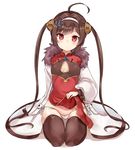  ahoge azur_lane bangs black_legwear breasts brown_hair china_dress chinese_clothes chiune_(yachi) cleavage_cutout dress dress_lift full_body fur_collar hairband lifted_by_self long_hair long_sleeves looking_at_viewer panties ping_hai_(azur_lane) red_dress red_eyes seiza side-tie_panties simple_background sitting small_breasts solo thighhighs underwear very_long_hair white_background white_hairband white_panties 