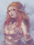  au_ra breasts brown_eyes brown_hair cleavage commentary dragon_girl dragon_horns final_fantasy final_fantasy_xiv fur_collar horns jewelry lips long_hair medium_breasts navel necklace parted_lips scales solo soranamae 