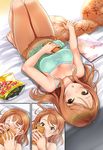  bare_shoulders barefoot blush breasts brown_hair cellphone chips closed_eyes comic commentary_request food highres houjou_karen idolmaster idolmaster_cinderella_girls kazu long_hair looking_at_viewer lying on_back open_mouth phone potato_chips shorts sleeveless smartphone yellow_eyes 