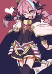 aie astolfo_(fate) bad_id bad_pixiv_id black_bow black_legwear blush bow braid cloak commentary_request crown fang fate/apocrypha fate_(series) faulds fur_trim garter_straps gauntlets hair_between_eyes hair_bow hair_intakes hand_up heart highres long_hair male_focus multicolored_hair one_eye_closed open_mouth otoko_no_ko pink_eyes pink_hair sidelocks single_braid smile solo standing streaked_hair thighhighs v 