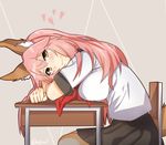  :3 animal_ears black_skirt blush breast_rest breasts chair closed_mouth desk eyebrows_visible_through_hair fang fate/extra fate/grand_order fate_(series) fox_ears fox_tail hair_between_eyes heart large_breasts long_hair looking_at_viewer looking_to_the_side myumi pink_hair school_chair school_desk school_uniform serafuku shirt short_sleeves simple_background sitting skirt smile solo table tail tamamo_(fate)_(all) tamamo_no_mae_(fate) white_shirt yellow_eyes 