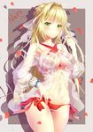  ahoge bare_shoulders bikini blonde_hair border bracelet brown_background closed_mouth cowboy_shot criss-cross_halter fate/grand_order fate_(series) flower front-tie_top green_eyes grey_border hair_intakes halterneck heart jewelry long_hair looking_at_viewer navel nero_claudius_(fate)_(all) nero_claudius_(swimsuit_caster)_(fate) petals red_ribbon red_swimsuit ribbon rose see-through shiny shiny_hair side-tie_bikini simple_background smile solo standing stomach strap_slip striped striped_swimsuit swimsuit tsurime very_long_hair white_flower white_rose xi_zhujia_de_rbq 