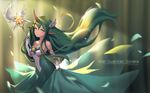  artist_name bad_id bad_pixiv_id bare_shoulders blush breasts character_name cleavage closed_mouth cowboy_shot elbow_gloves eyebrows gloves green_eyes green_hair highres holding holding_staff horn large_breasts league_of_legends lee_seok_ho long_hair looking_at_viewer pointy_ears skirt_hold solo soraka staff star_guardian_soraka very_long_hair white_background 