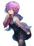  bad_id bad_pixiv_id black_dress black_legwear dress ells fate/grand_order fate_(series) glasses grey_jacket hair_over_one_eye jacket mash_kyrielight necktie open_clothes open_jacket pantyhose purple_eyes purple_hair red-framed_eyewear red_neckwear shiny shiny_clothes short_dress short_hair simple_background solo standing white_background 
