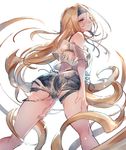  ass bare_shoulders blonde_hair blush bra denim denim_shorts green_eyes guilty_gear hairband headband long_hair millia_rage oro_(sumakaita) see-through shorts solo torn_clothes torn_shorts underwear 